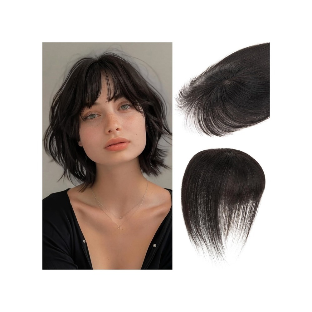 10in Real Human Hair Topper with Bangs 1B Black 8x11cm Lace Base Clip In